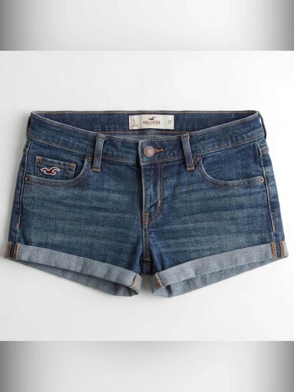 Vintage Y2K Hollister Micro Mini Denim Booty Shorts 5/27 Rolled Hem Bird Emblem